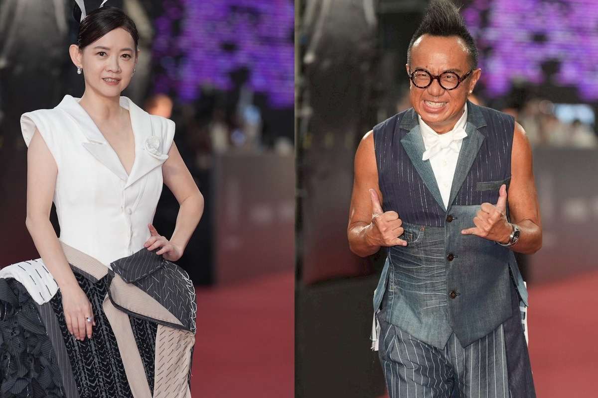 曾寶儀黑白禮服扛主持棒、黃大煒。(圖/陳明中攝)