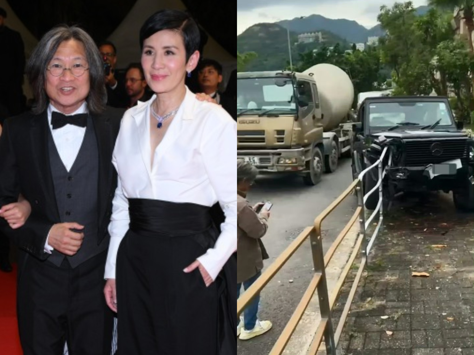 陳可辛（左圖左）沒載吳君如獨自駕駛時，撞斷一棵樹（右圖）。（圖／達志影像、翻攝娛樂少女日常微博）