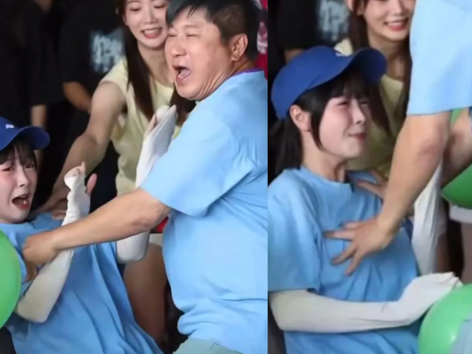 胡瓜(右)跳躍時摸到籃籃胸部。(圖/翻攝《綜藝大集合》)