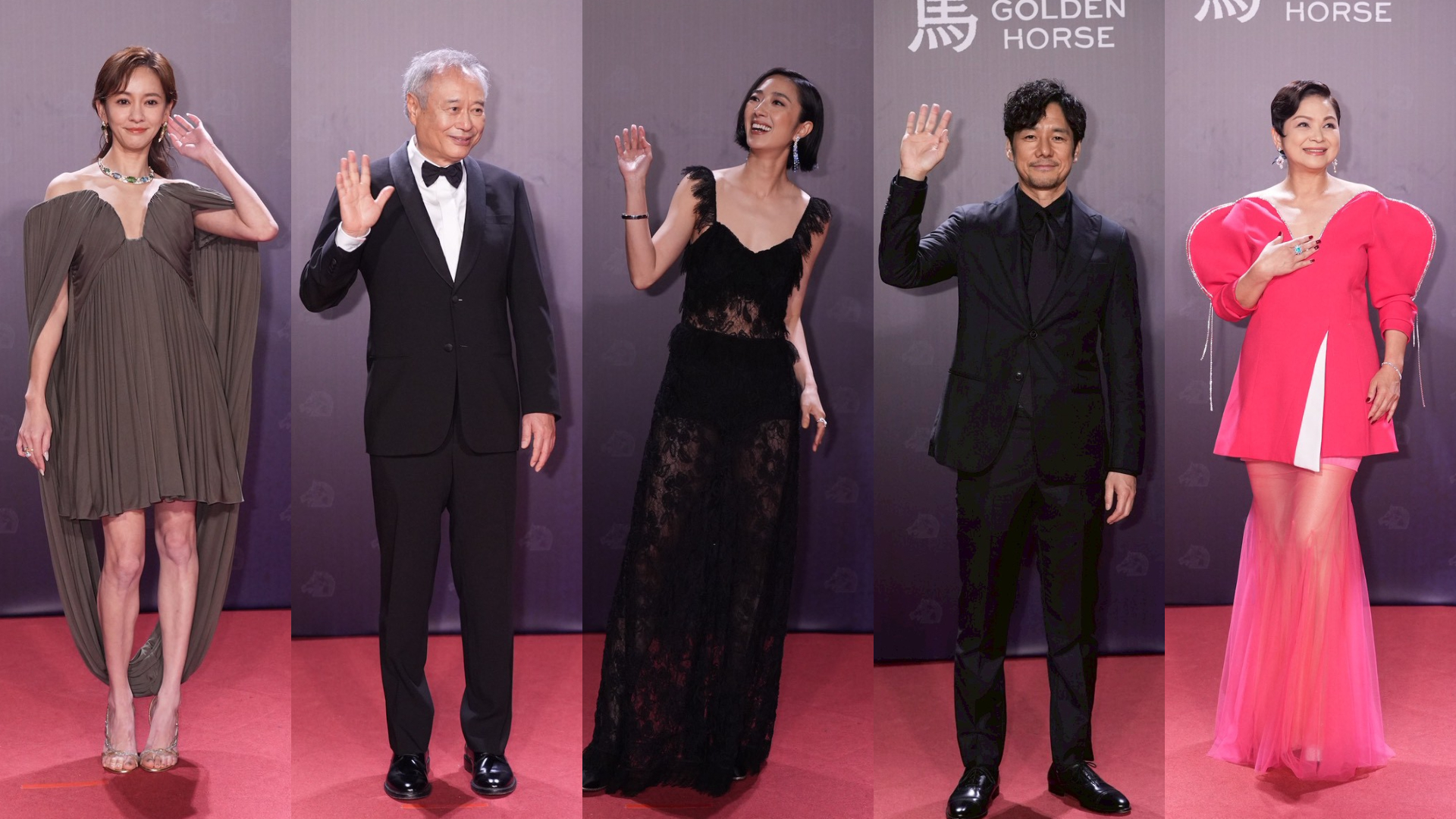 陳意涵(左圖起)、李安、桂綸鎂、西島秀俊、楊貴媚現身紅毯。(圖/記者陳明中攝)