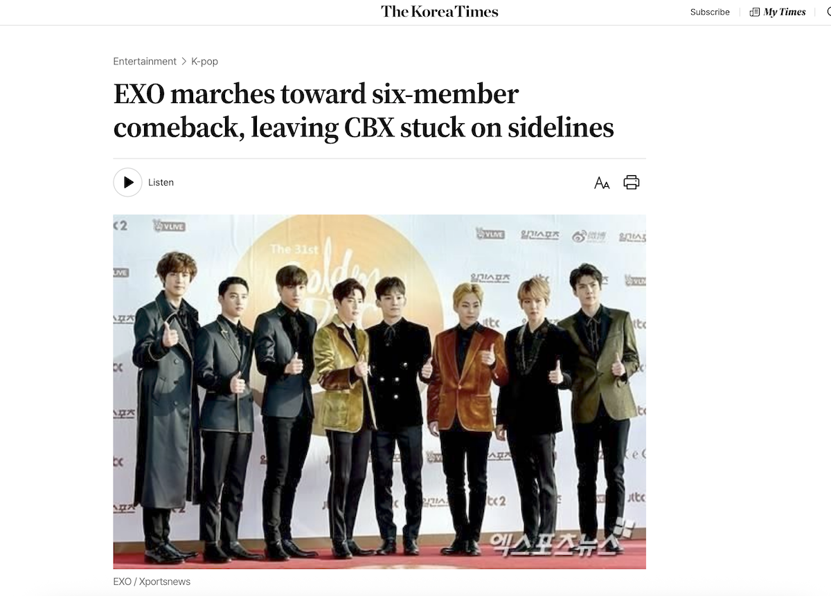 EXO將以6人陣容強勢回歸。（圖／翻攝koreatimes官網）