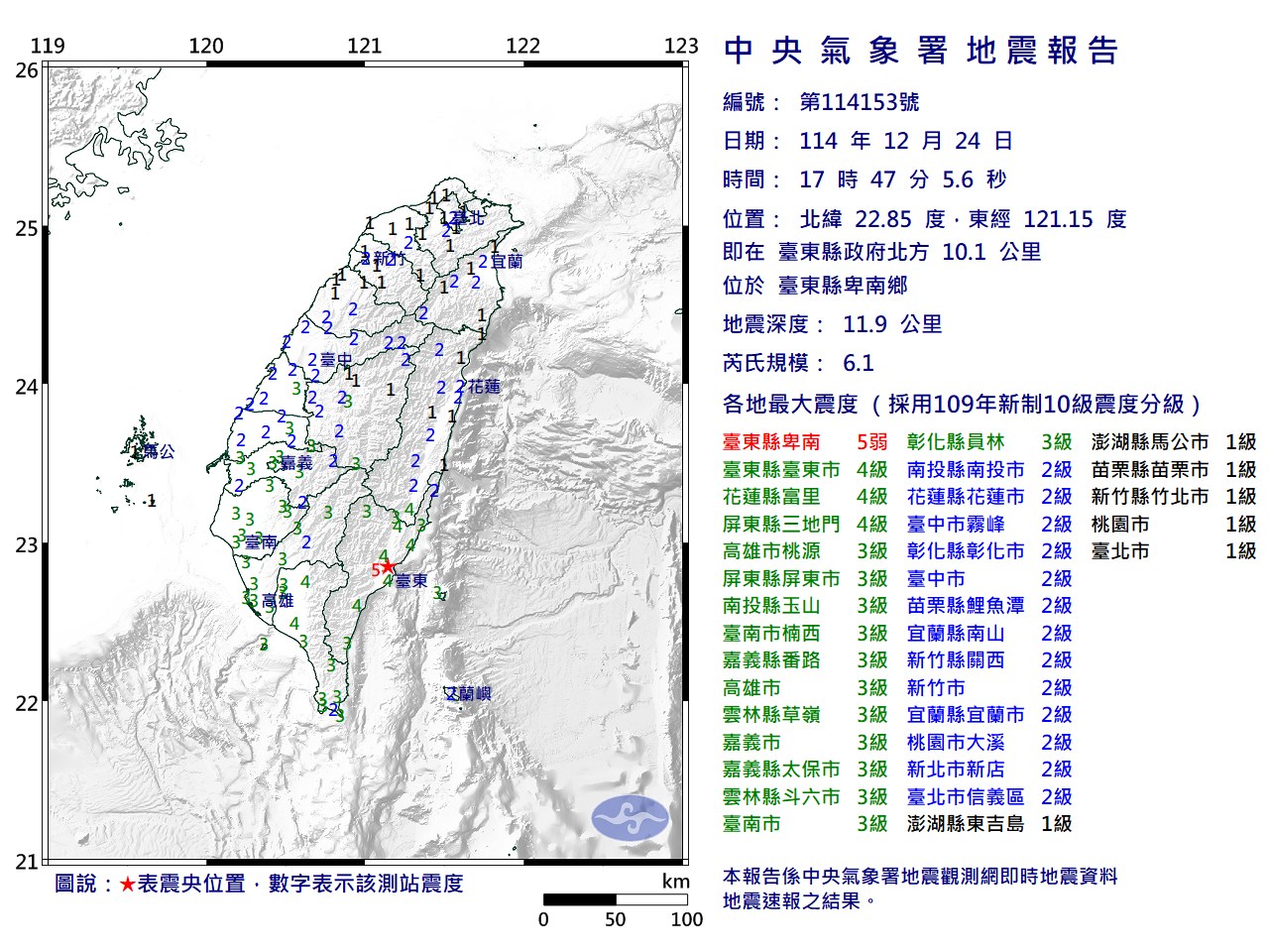 台東24日晚間發生規模6.1地震。（圖／氣象署提供）