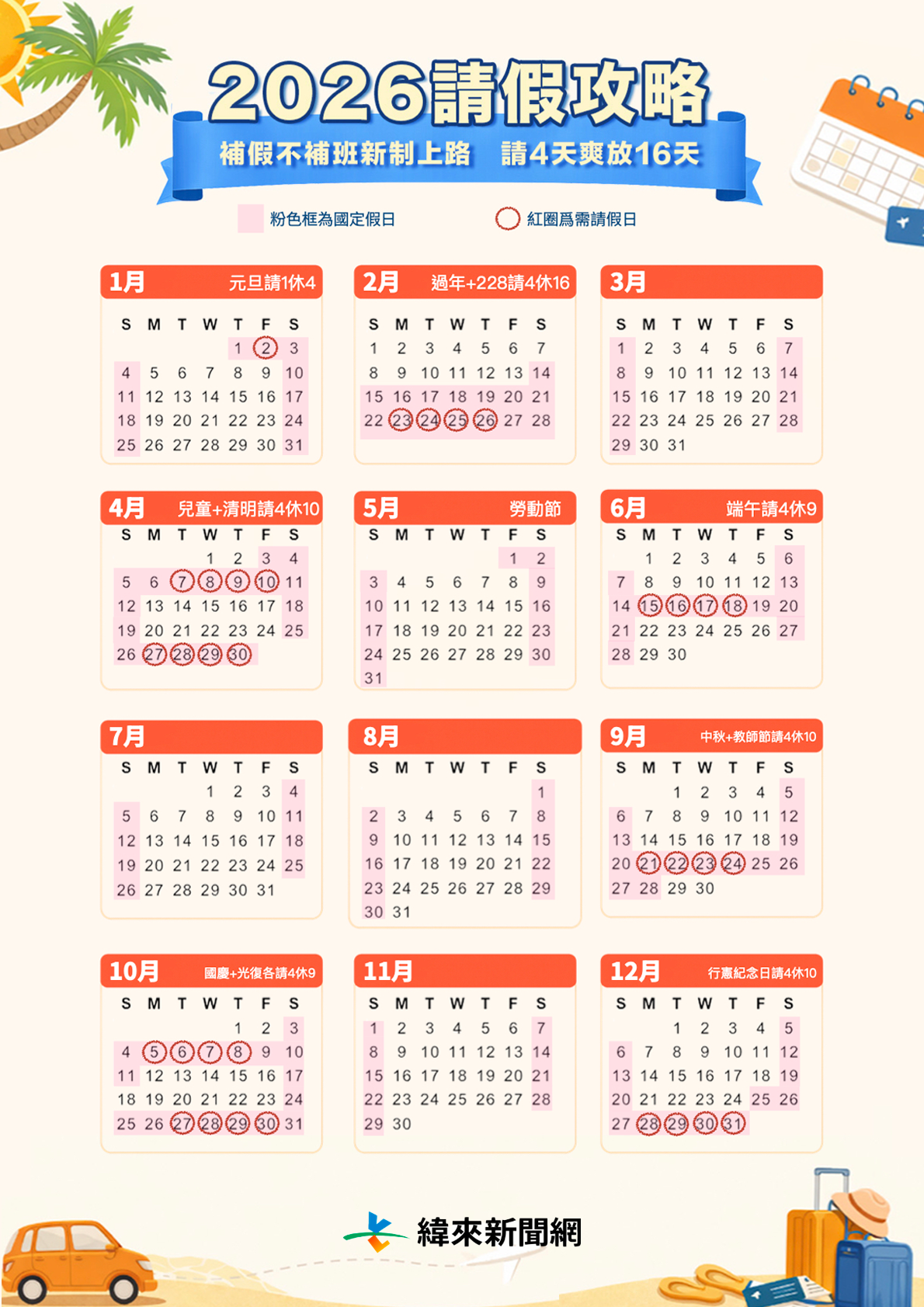 2026年假日一覽。(圖/編輯周欣儀製圖)