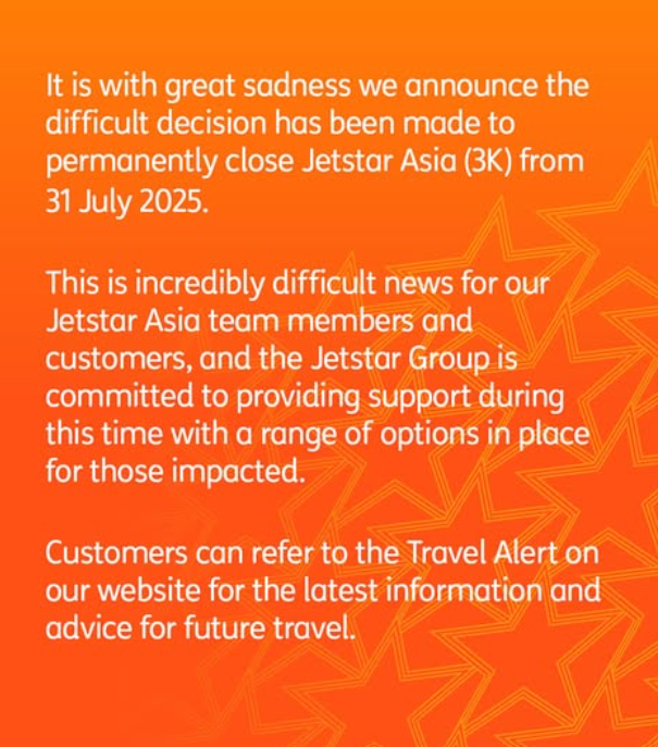 捷星亞洲（Jetstar Asia）將於7月底結束營運。（圖／翻攝自IG）