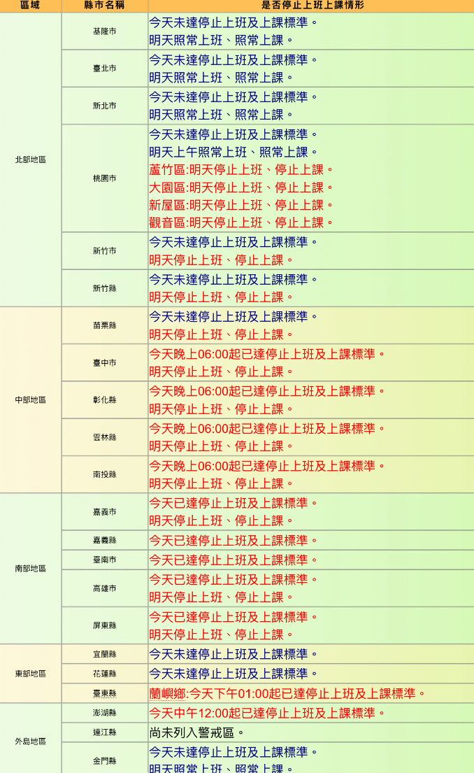 各縣市停班停課情況。（圖／翻攝行政院人事行政總處）