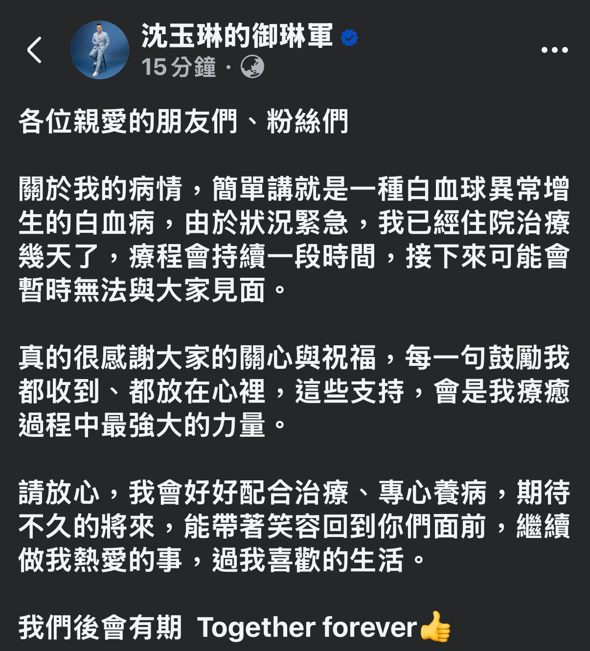 沈玉琳罹患血癌。（圖／沈玉琳臉書）