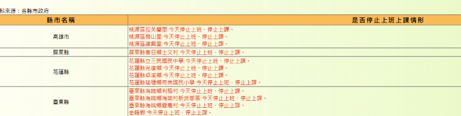 24日各縣市停班課。（圖／行政院人事總處官網）