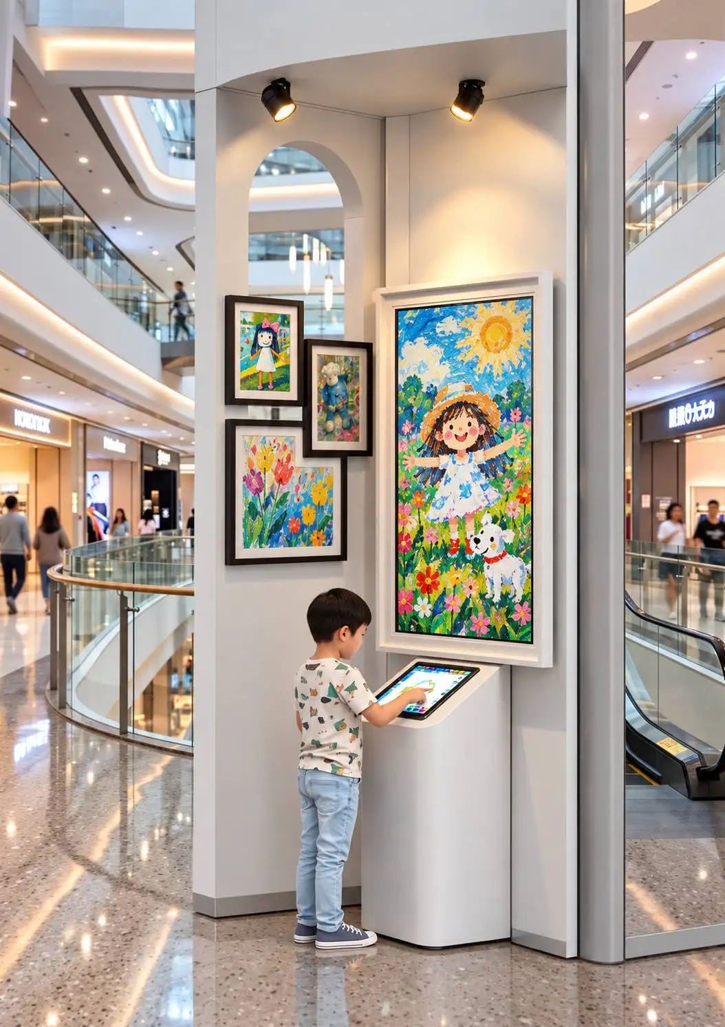 新一智能AI塗鴉應用模擬圖,呈現觀眾創作與彩色電子紙展示的互動構想。(圖/業者提供)