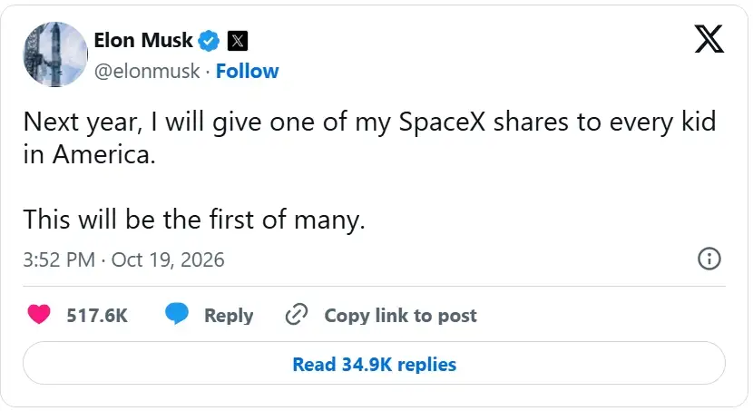 世界首富馬斯克(Elon Musk)19日在X公布,明年將給每一名美國孩子送「一股SpaceX股票。(圖/馬斯克X)