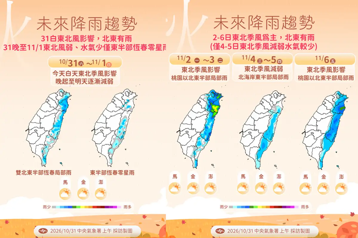 東北季風接力南下。（圖／氣象署提供）