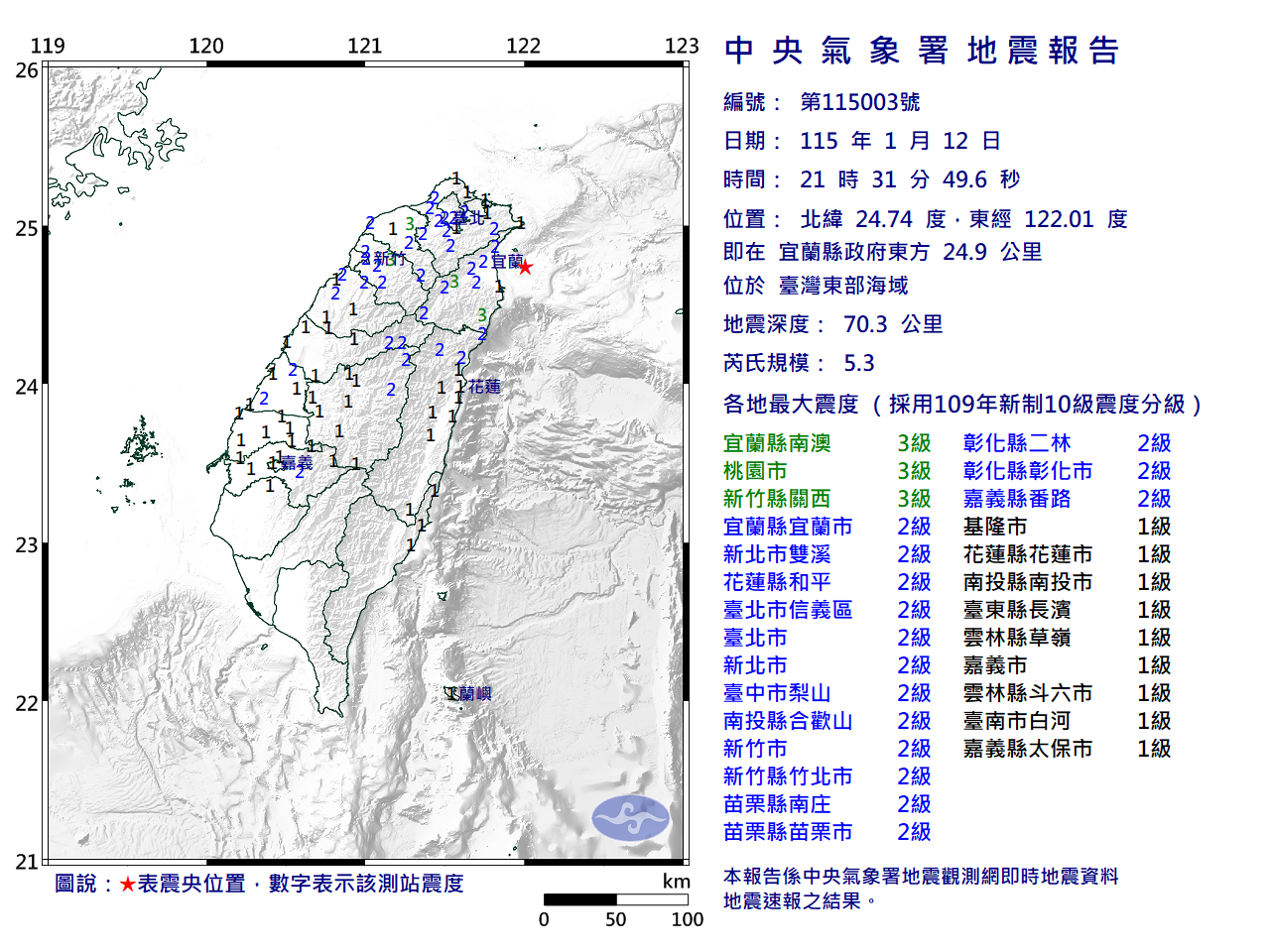 昨晚9時31分的規模5.3地震，是去年12月27日的餘震。（圖／中央氣象署）