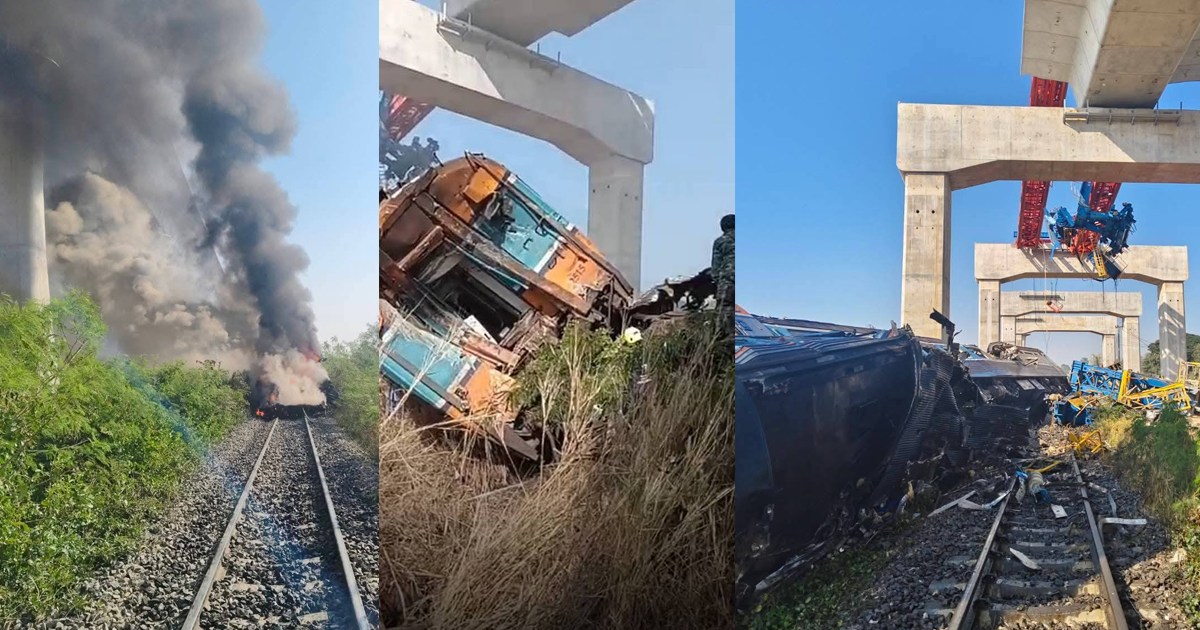 泰國起重機砸向火車導致列車車體變形。（圖／หนุ่ย พ่อพี่เนยน้องนัธ）