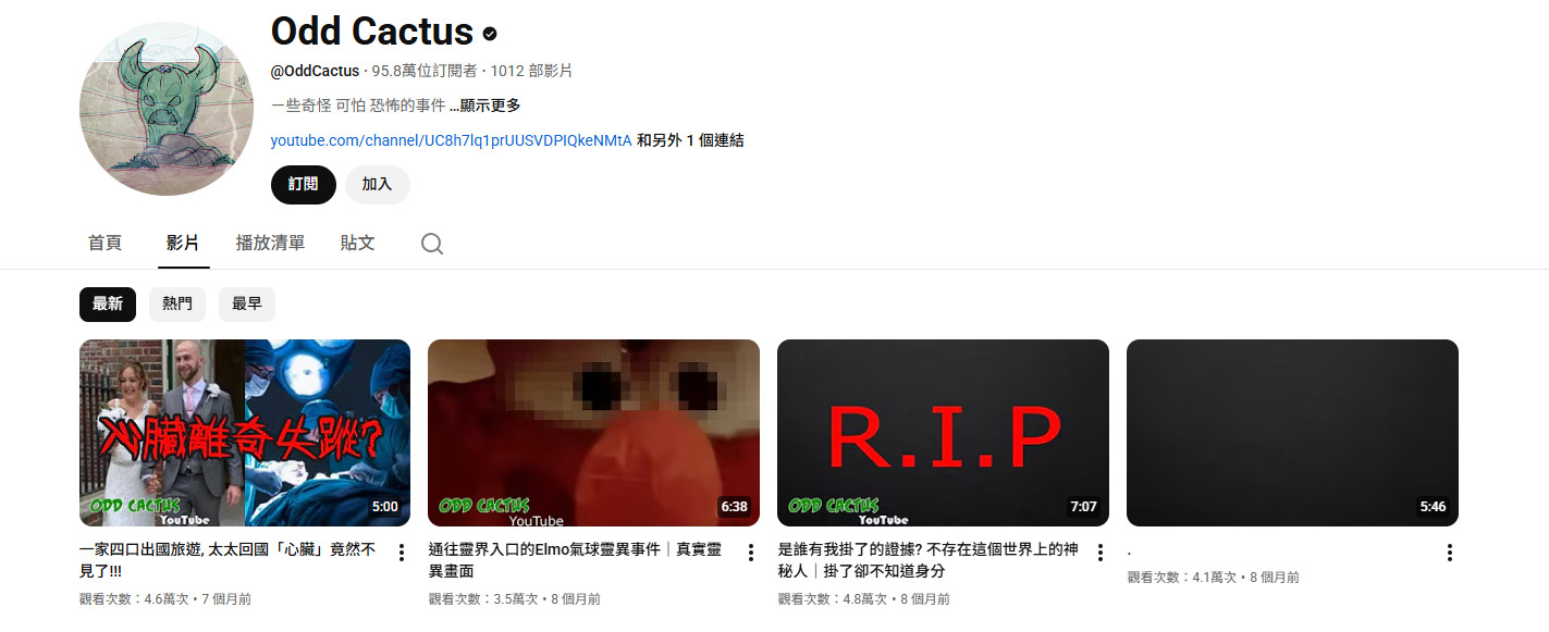 奇怪仙人掌的頻道中，有2支縮圖和標題詭異的影片。（圖／翻攝自Odd Cactus YouTube）