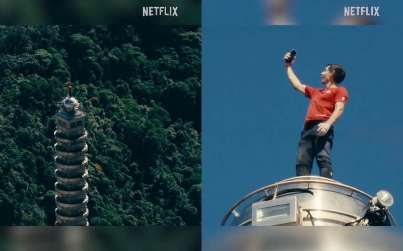 霍諾德以91分鐘的時間，徒手攀爬登頂台北101。（圖／翻攝自Netflix IG）