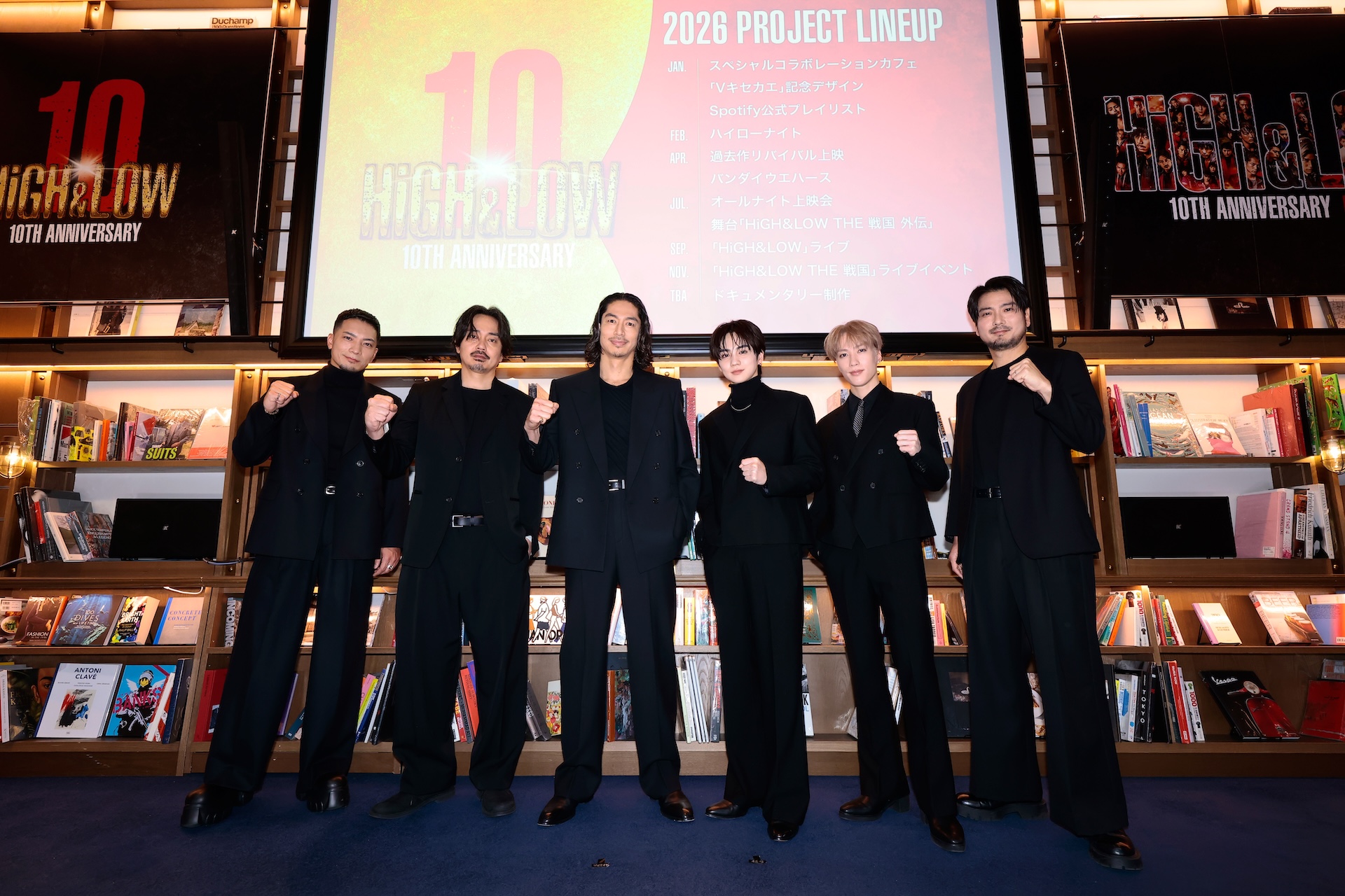 SWAY（左起）、青柳翔、AKIRA、吉野北人、藤原樹、平沼紀久等人出席《HiGH＆LOW 10th ANNIVERSARY YEAR》企劃發表會。（LDH愛夢悅提（圖／LDH 愛夢悅提供）