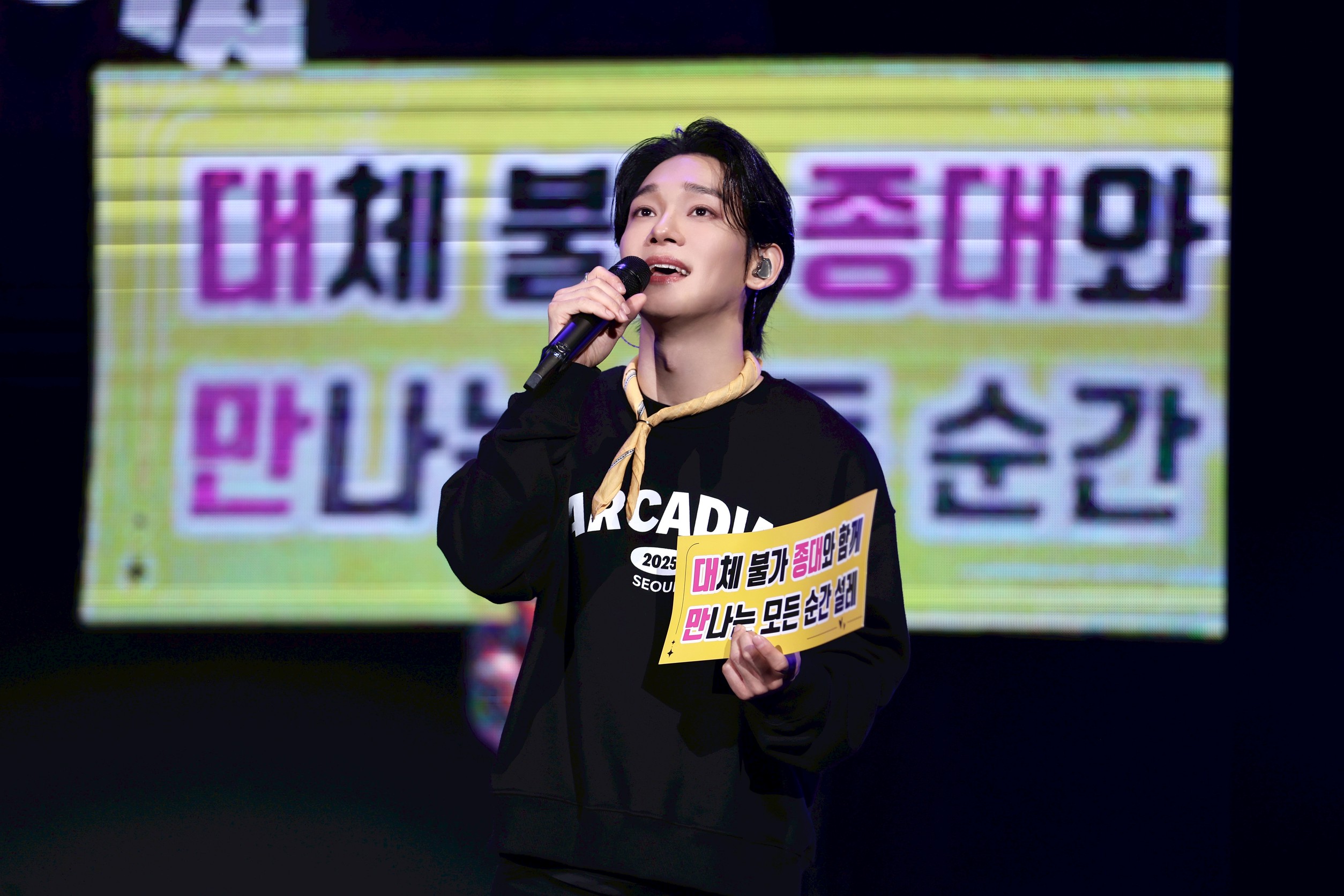 CHEN看到粉絲提前準備的手幅文字，直誇粉絲聰明又有創意。（圖／INB100 提供）