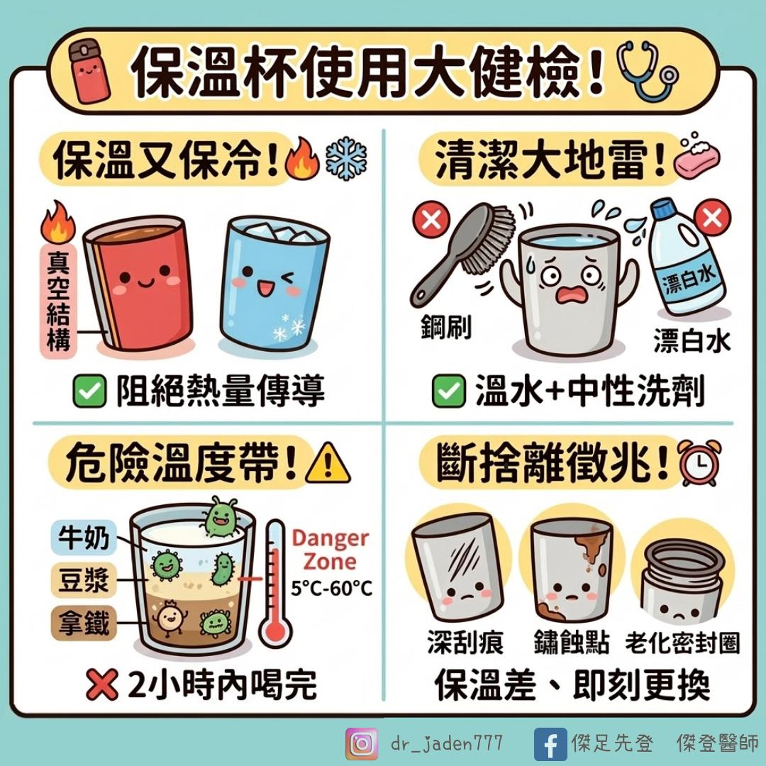 保溫杯因避免裝4種飲料。(圖/翻攝自傑足先登 傑登醫師臉書)