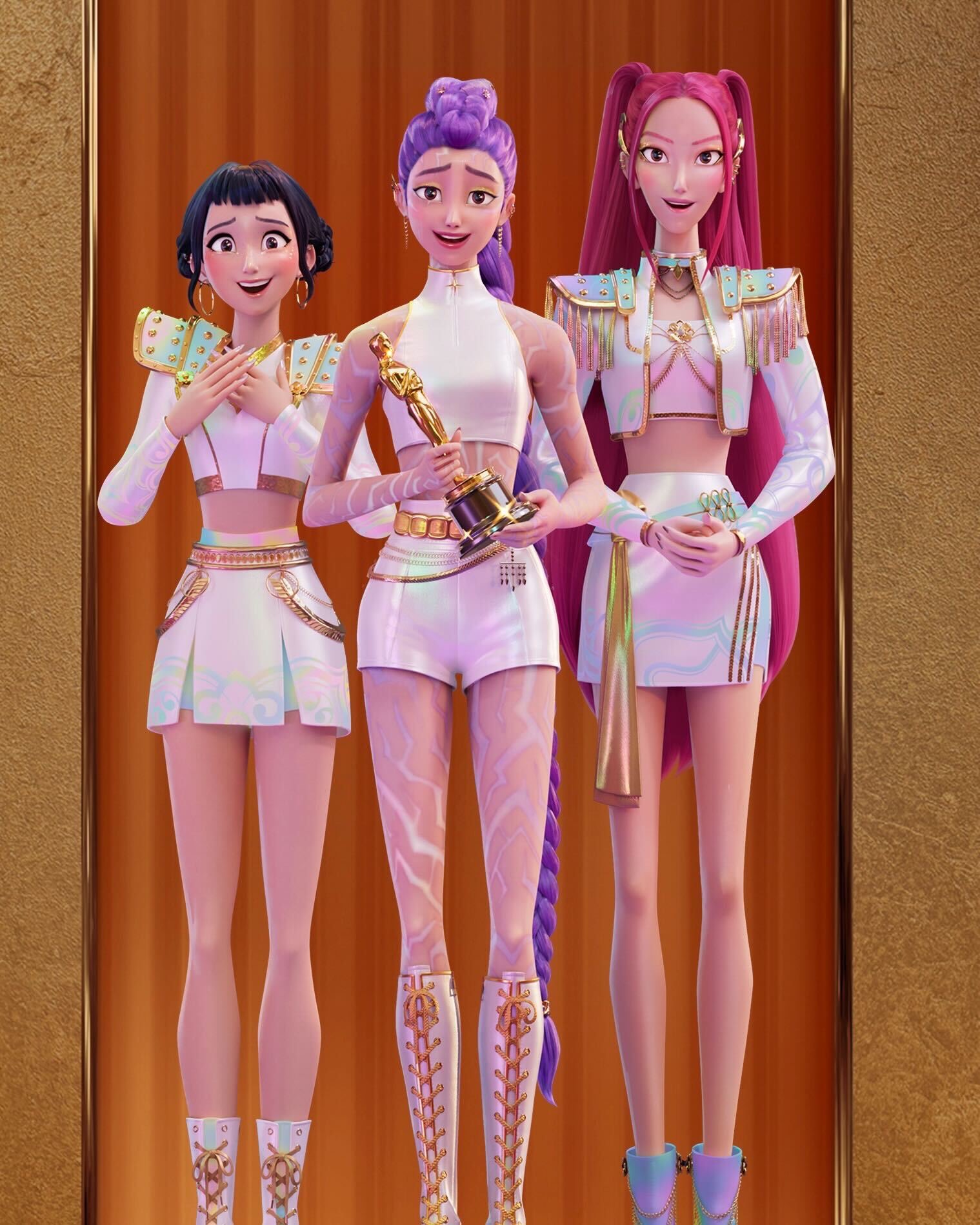 《KPOP 獵魔女團》奪下奧斯卡最佳動畫,Rumi、Mira與Zoey也現身大螢幕抱回小金人。(圖/翻攝自Netflix X)