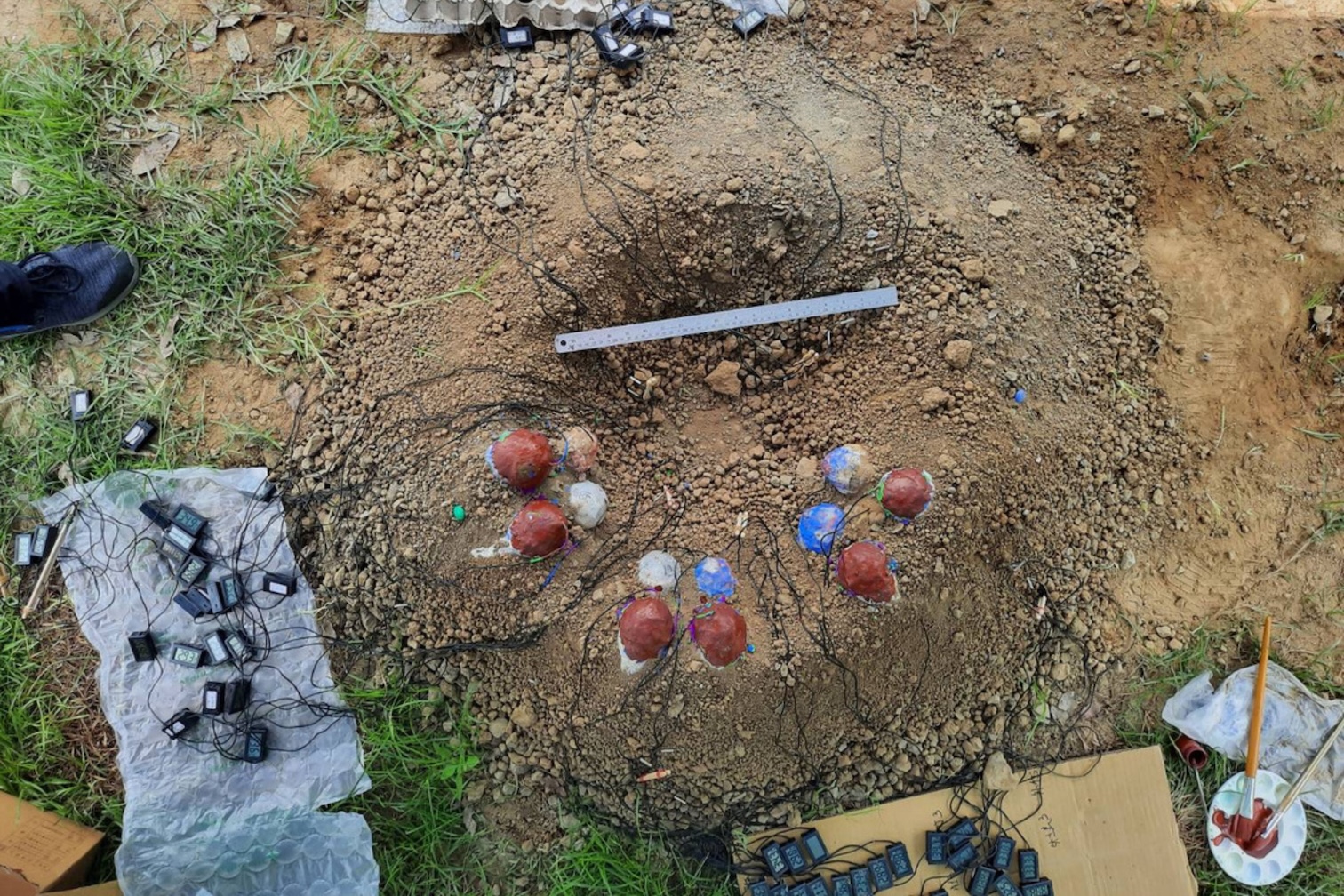 蘇雋佑在團隊指導下，製作具熱傳導特性的樹脂假蛋，以臺中市霧峰區的一處農田為實驗基地，藉此模擬親代伏窩時熱能如何在巢穴中傳遞。（圖／科博館提供）