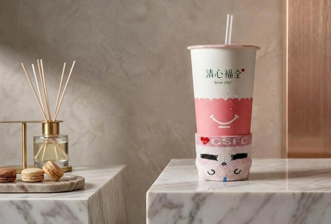 愚人節當日限定「清心福全杯套－拉拉褲款」，不只造型搞怪吸睛，還能接住冰飲滴落的水珠，從此告別濕答答的雙手與桌面。（圖／清心福全提供）