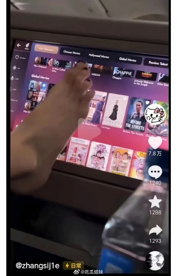 Cayla過去因用腳趾碰觸飛機上的螢幕惹議。（圖／翻攝自微博）