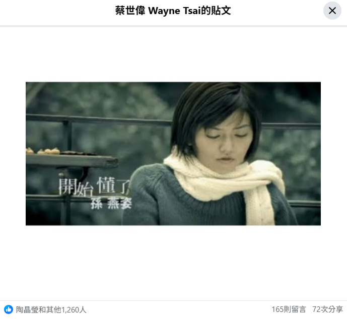 陶晶瑩按讚。（圖／翻攝自蔡世偉 Wayne Tsai臉書）