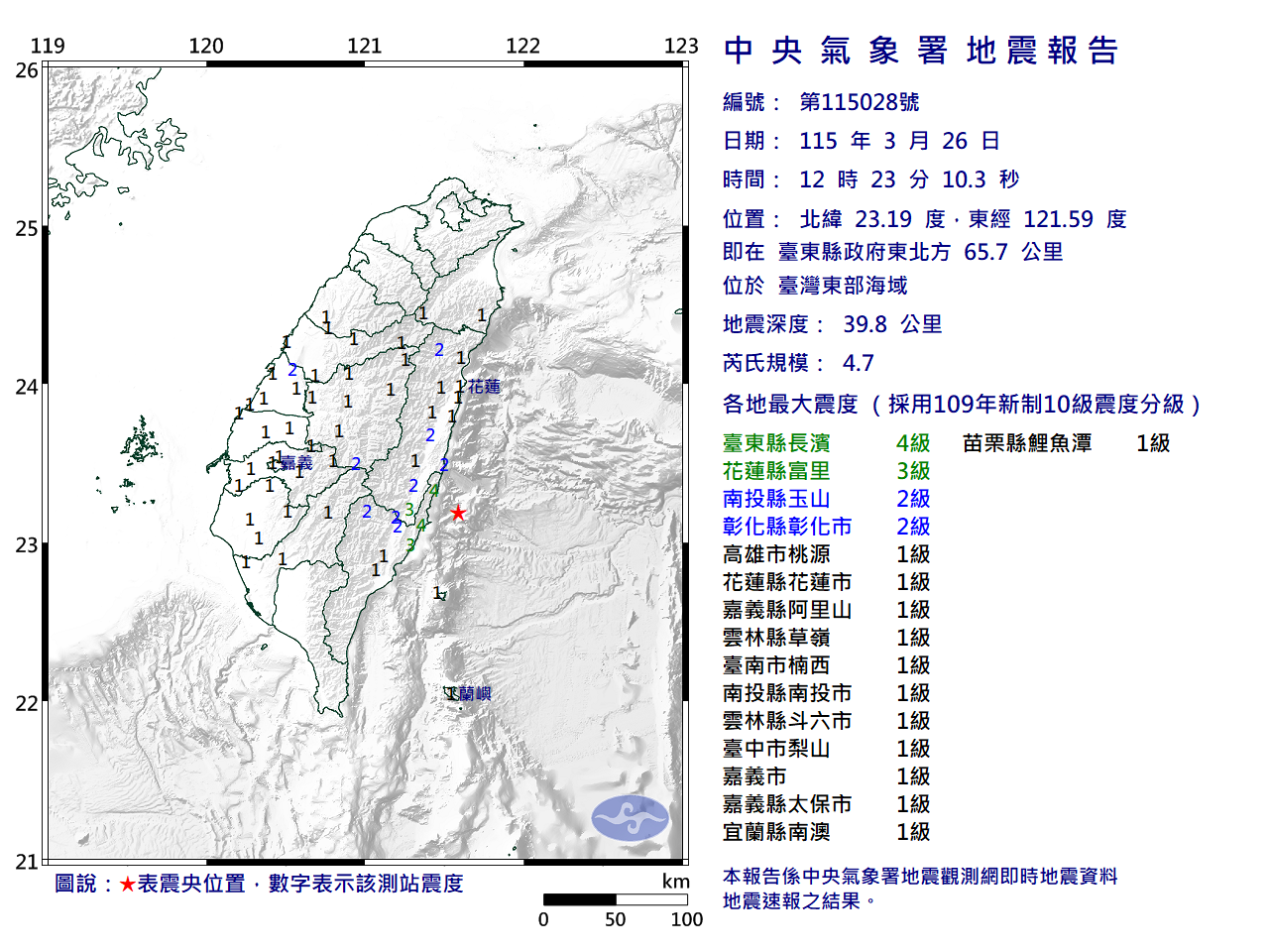 最大震度4級，出現在台東縣長濱。（圖／氣象署）