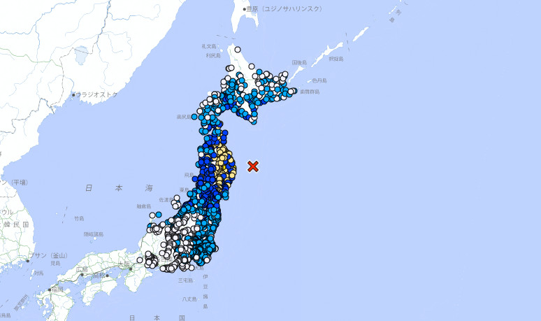 日本青森縣今天16時53分發生規模7.5地震。（圖／日本氣象廳）