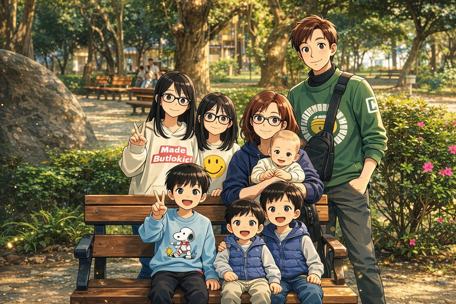 一家7口出遊拍照，ChatGPT修改後竟多出一人。（圖／翻攝自施景中臉書）