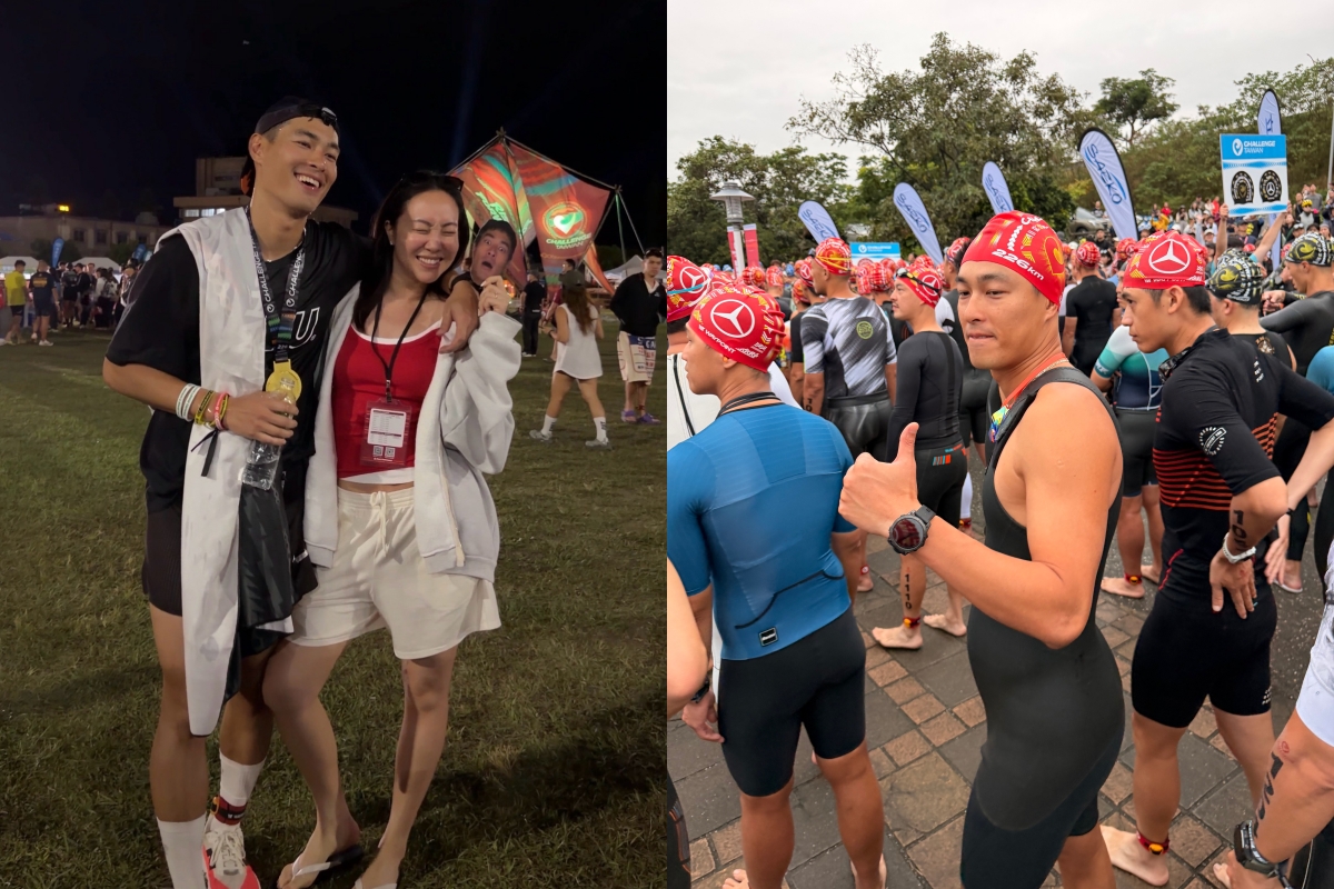 楊祐寧參加226公里鐵人三項賽事順利完賽，開心跟老婆擁抱。（圖／玩下娛樂 提供）