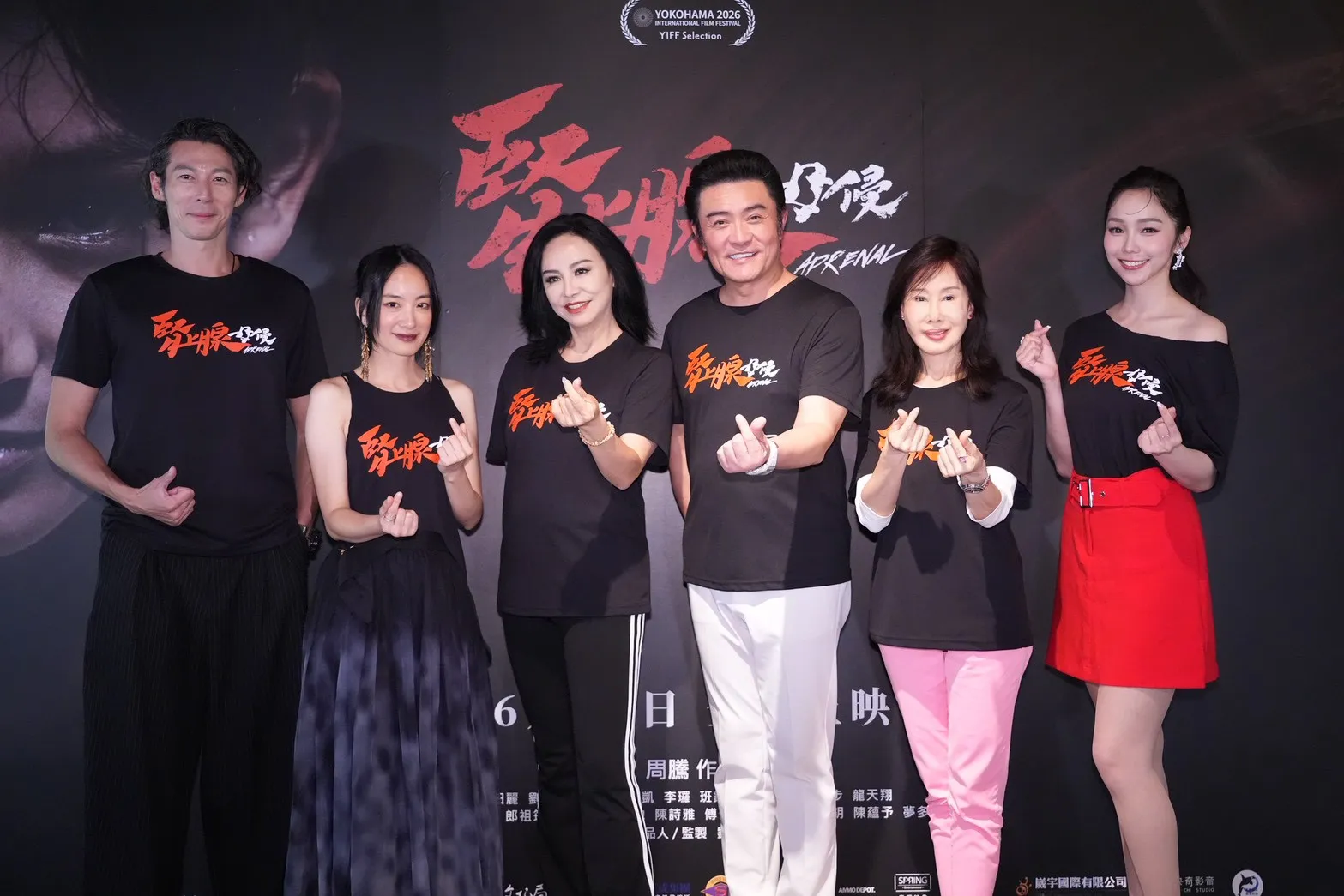 郭鑫（左起）、劉黛瑩、田麗、李㼈、夏光莉、金莎今出席電影《腎上腺母侵》特映會。（圖／記者許方正攝）