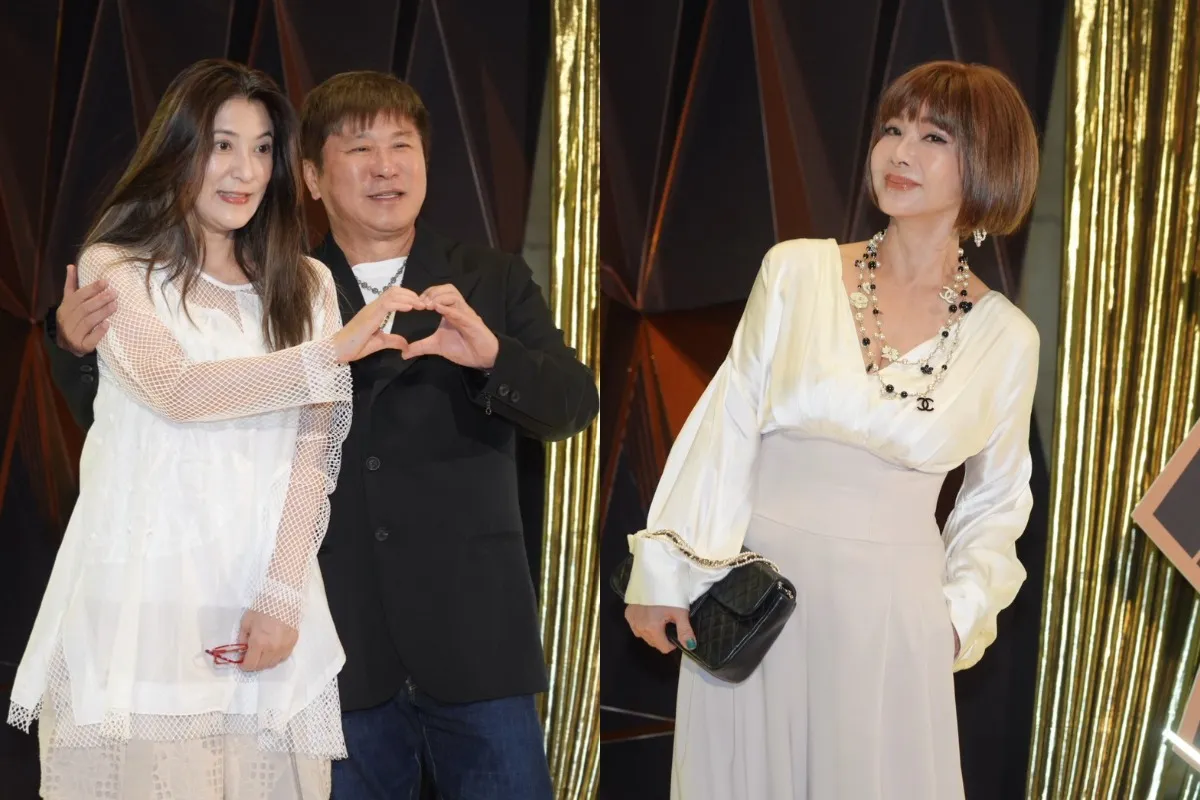 胡瓜(左圖右)和丁柔安、陳美鳳(右圖)開心參加婚宴。(圖/記者陳明中攝)