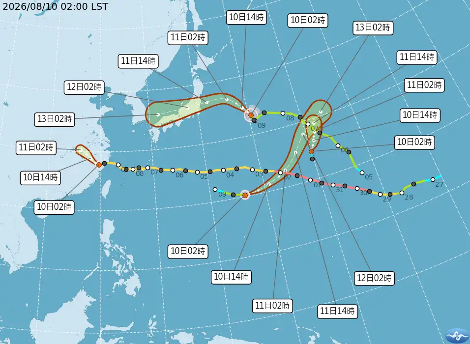 海面上有3個颱風,加上1個熱帶低壓。(圖/中央氣象署)