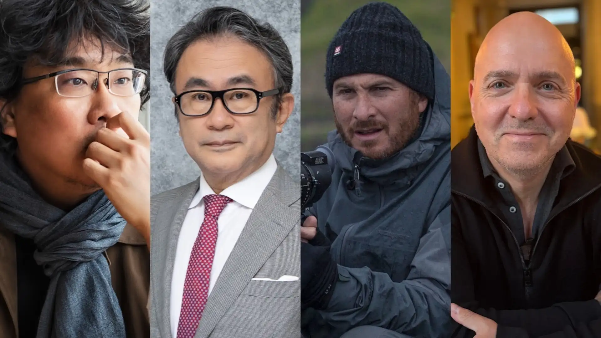 奉俊昊(左圖起)、三谷幸喜、戴倫艾洛諾夫斯基、凱爾巴爾達將齊聚台灣。(圖/金馬執委會提供)
