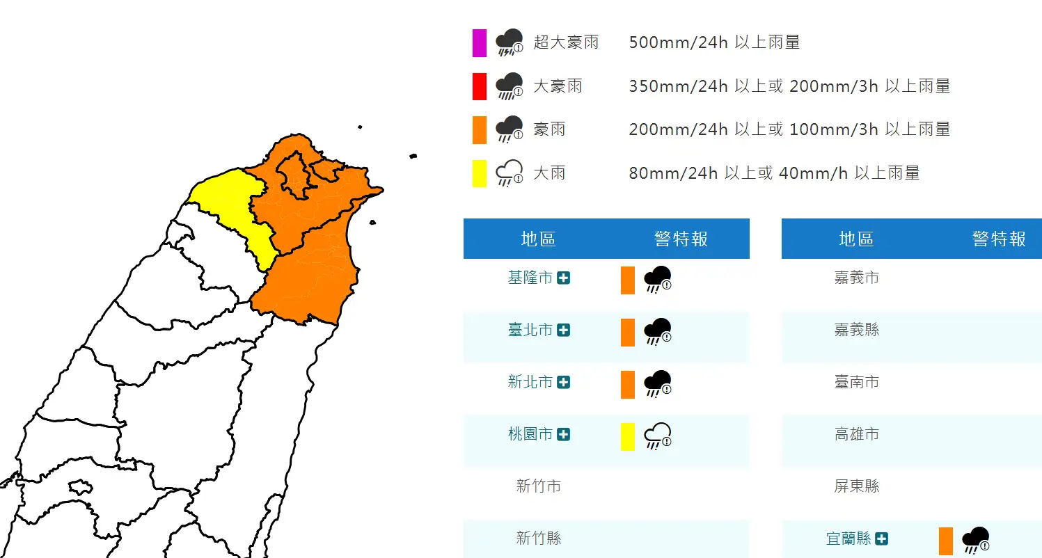 5縣市大雨特報。(圖/氣象署官網)